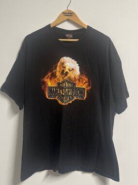 Y2K Harley Davidson Flaming Eagle Tshirt Black Mens 2XL Motorcycle